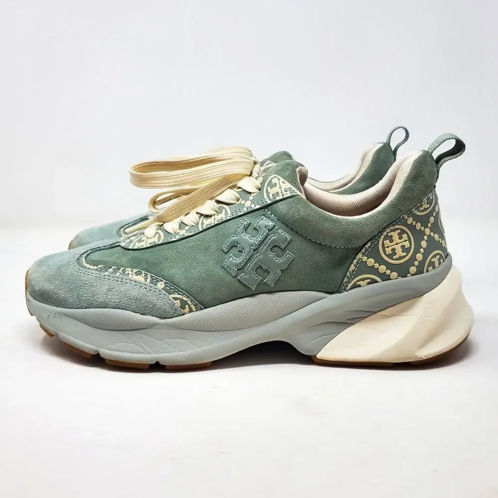 Tory Burch T Monogram Good Luck Trainer Suede Sneakers Blue Celadon Size US 9